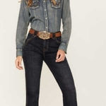 Vintage‎ America Bootcut black Jeans Embroidered Rhinestones Pockets Sz 12P Photo 0