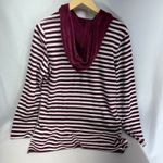 d&co Denim Company Burgundy White Stripe Velour Trim Hoodie Pocket Top Womens S Size M Photo 5