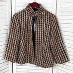 Chico's Tweed Metallic High Neck Open Front Blazer Jacket Red Black Gold Medium Photo 7