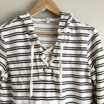 Splendid French Terry Hoodie Sweatshirt Lace-Up Front Cream & Black Stripes, S Photo 1