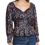 Hunter Bell Black Floral Caro Top Blouse 0 NWT Long Sleeve Smocked Waist Peplum Photo 0