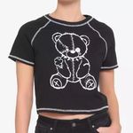 Hot Topic NWT Black & White Damaged Teddy Bear Cropped T-Shirt Size Small Photo 0