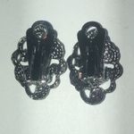 Vintage Dark Gray Black Metal Blue CZ Rhinestone Clip On Earrings Photo 4