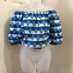 Blue white off the shoulder top blouse shirt short puff sleeve elastic waist rhinestones Photo 0