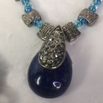 Artisan  lapis lazuli pendant glass beaded marcasite blue necklace 20” Photo 4