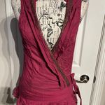Free People Embroidered Wrap Embellished Peplum Ruffle Breathable Print Tie Fit Flare Boho Colorful Western Cottage Coastal Sheer Women's Size 12 Red V-Neck deep plunge Tank Vest Top Sleeveless Photo 1