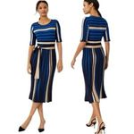 Ann Taylor Black Blue & Beige Belted Midi Short Sleeve Knit Dress Womens XL Photo 2