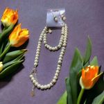 Claires Faux Pearl Set Necklace Bracelet Dangle Earrings Silver Tone NEW on Card Photo 0