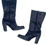 Vintage Y2K Black Leather Square Toe Buckle Strap Heeled Boots Size 9.5 Biker Photo 1