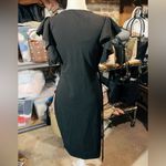 OTEN FASHION NEW YORK silky stretchy black dress trumpet short sleeves tie belt Size M Photo 2