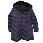 Tahari Gwen Chevron Puffer Coat Women's Large Navy Faux Fur Winter Outdoor Photo 7