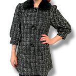 Hazel Anthropologie Black White Tweed Coat Faux Fur Collar Puff Sleeves Small Photo 0