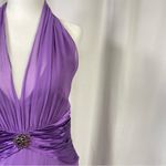 Maggy London  Size 12 Silk Pendant Ruched Purple Backless Dress Satin V Neck Photo 6