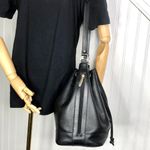 BURBERRYS Large Black Leather Bucket Drawstring Bag Nova Check Lining Authentic Photo 9