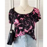 Y2K Rose Patterned Black Pink Faux Rhinestone Short Sleeve Blouse Top Size M Photo 0