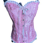 Pink Jacquard Ruffle Trim Lace Up Back Clasp Corset Bustier sz Large Barbiecore Photo 0