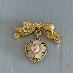 1928 Beautiful (?) Vintage Brooch Bow & Dangling Heart W Porcelain Rose Flower Photo 2