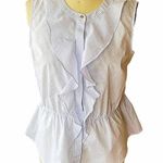Liz Claiborne  Denim Blue Pinstripe Ruffle Front Sleeveless Blouse ~ Womens LARGE Photo 1