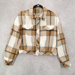 None Brown Crop Flannel Plaid Shacket Jacket Button Up Long Sleeve Western Utility XL Photo 0