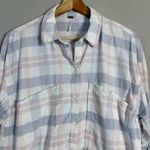 Free People  Loveland Plaid Button Down Shirt Women's Small White Boho Pastel Photo 5