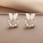 Faux Diamond‎ & Pearl White Butterfly Gold Plated Stud Earrings Photo 1
