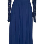 Lulus  Navy Blue Lace Long Sleeve Scallop Maxi Dress Open Back Formal Gown XS Photo 0