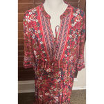 JODIFL Red Floral Maxi Dress Lace up V-Neck sz L boho hippie Long side slits Photo 1