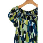 Takara Blouse Womens Size Large Short Cap Sleeve Top Colorful Blue Green Hip Tie Photo 1