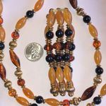 Elegant Gold Tone and Amber Color Lucite Beaded Boho Necklace Bracelet Set Photo 3