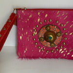Wristlet Clutch Bag Ethnic Purse Bohemian Handmade Pink & Gold Photo 0
