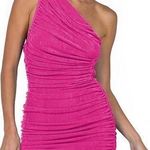 One Shoulder Asymmetrical Ruched Bodycon Mini Dress in Pink Size S Photo 0