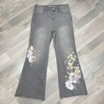 Diane Gilman DG2 Floral Embroidered Wide Leg Stretch Jean Grey 12 Raw Hem Gray Photo 4