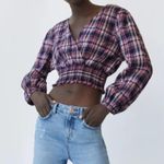 ZARA Plaid Check Balloon Sleeve Smocked V-Neck Cropped Blouse Top Photo 4