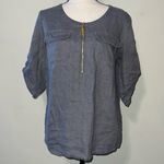 Ellen Tracy  size medium 100% linen hi low blouse grey with gold zipper roll tabs Photo 7