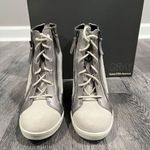 Saks 5th Avenue Gray for Saks Fifth Avenue Suede Leather Metallic Lace Up Wedge Booties sz 6.5 Photo 1