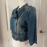 XOXO EUC Jean Denim Cropped Moto Jacket. Size M Photo 2