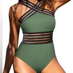 Hilor Women's One Piece Front Crossover Hollow Bathing Suit Size Large NWT Green Photo 0