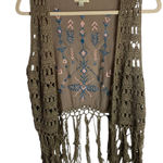 Kori America Size S Crochet Fringe Vest Embroidered Brown Aztec Western Boho Photo 0