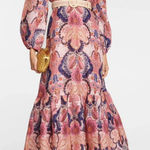 Zimmermann Laurel Billow Embroidered Linen Midi Dress Navy Baroque Floral 1 AU Photo 0