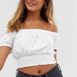Hollister White Eyelet Bardot Neck Shirred Waist Crop Top Size XS Photo 0