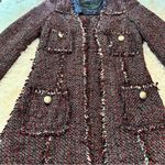 ZARA Basic Tweed Longline Coat Jacket XS Black Red Fringe Bouclé Photo 12