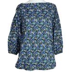 BURU Women XS Blue Floral Print Boat Neck Elbow Sleeve Button Cuff Top Boho Black Size XXS Photo 1