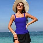 Women Tummy Control Two Piece Tankini Swimsuits with Skirt Vintage Push Up Top Blue Photo 1
