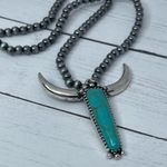 New Blue and Silver Longhorn Pendant on 18” Beaded Navajo Style Chain Photo 7