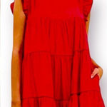 Evelyn Flutter Sleeve Casual Cherry Red Ruffle Tiered Mini Dress Has Pockets L Size L Photo 0