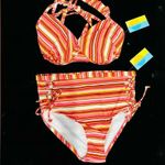 Island Rays NWT Ladies 1X Two Piece Bikini Set Striped Swimsuit Padded Top Pink Photo 1