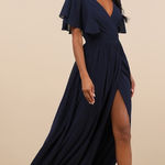 Lulus NWT  Convincing Grace Navy Blue Flutter Sleeve Wrap Maxi Dress Wedding L Photo 0