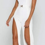 Meshki Livia Jumpsuit Women's Medium White Open Leg Strapless Gold Logo Photo 0