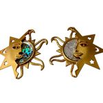 Vintage JJ Gold Sun and Moon Stars Earrings Holographic Clip On 2" x 2" Photo 0
