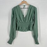 HYFVE  Cropped Top Womens Medium Green Lined Smocked Preppy V-Neck Puff Sleeve Photo 8